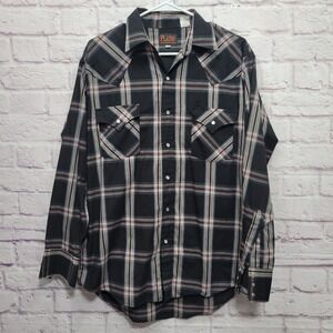 Plains‎ Western Wear Pearl Snap Shirt Mens M Black Plaid Cowboy Vintage Rodeo
